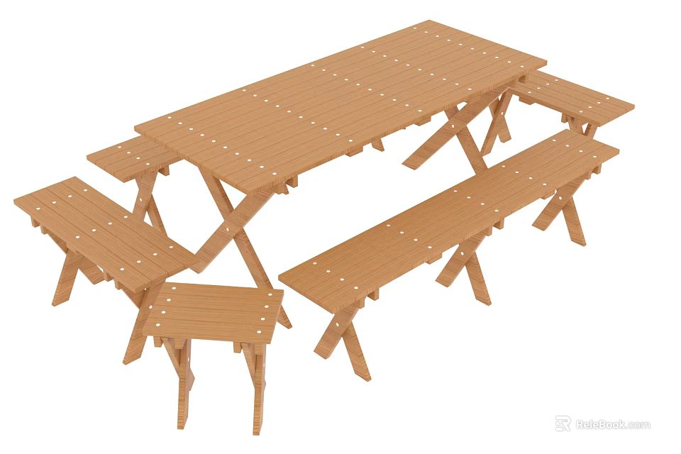 Sturdy Wooden Outdoor Table With Matching Benches And Stools For Garden Use 3d model 