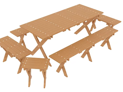 Sturdy Wooden Outdoor Table With Matching Benches And Stools For Garden Use 3d model