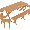 Sturdy Wooden Outdoor Table With Matching Benches And Stools For Garden Use