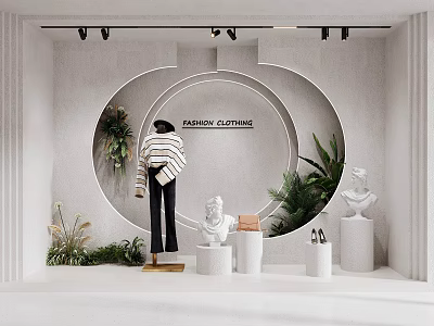 Fashion Clothing Window Display With Mannequin Striped Top Black Pants Plants Statues And White Pedestals 3d model