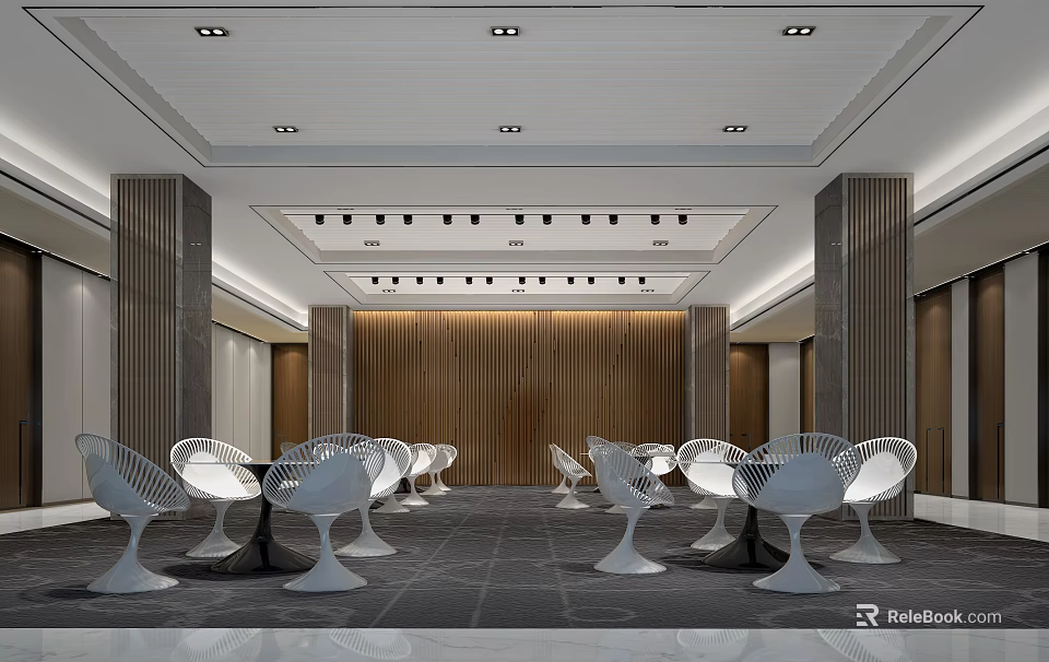 Modern Lounge Area Design With White Chairs Black Tables Wooden Wall And Recessed Lighting 3d model 