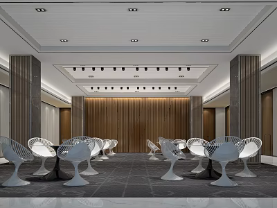 Modern Lounge Area Design With White Chairs Black Tables Wooden Wall And Recessed Lighting 3d model