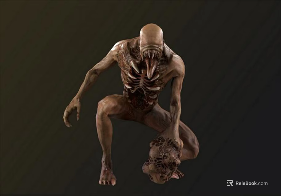 Skinny Monster Character With Exposed Ribs Skeletal Body Holding Skull On Dark Background 3d model 