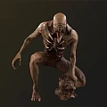 Skinny Monster Character With Exposed Ribs Skeletal Body Holding Skull On Dark Background