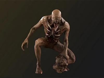 Skinny Monster Character With Exposed Ribs Skeletal Body Holding Skull On Dark Background 3d model