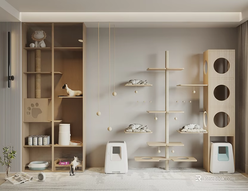 Cozy Cat Living Space With Wooden Shelves Cat Tree Paw Print Decor And Litter Boxes 3d model 