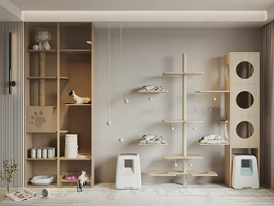 Cozy Cat Living Space With Wooden Shelves Cat Tree Paw Print Decor And Litter Boxes 3d model