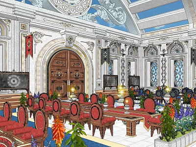 School Hall Interior With Ornate Decor Red Seats And Green Plants 3d model