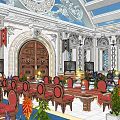 School Hall Interior With Ornate Decor Red Seats And Green Plants