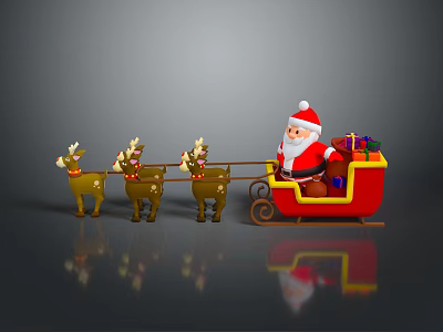 Christmas Santa Claus Riding Red Sleigh Pulled by Three Reindeer with Gifts 3d model