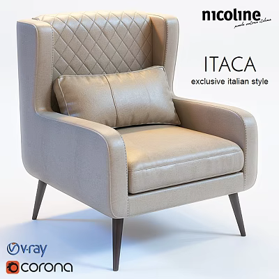 ITACA Exclusive Italian Style Beige Leather Accent Chair with Quilted Backrest and Dark Wooden Legs 3d model