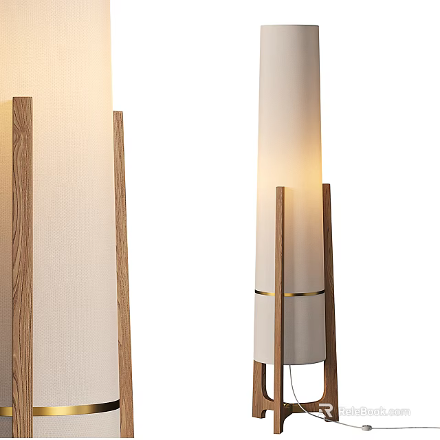 Stylish Modern Floor Lamp With Wooden Stand Fabric Shade And Gold Accents For Home Decor 3d model 