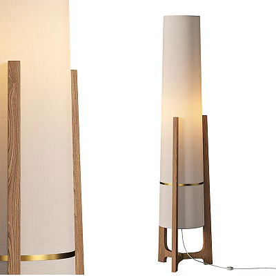 Stylish Modern Floor Lamp With Wooden Stand Fabric Shade And Gold Accents For Home Decor 3d model