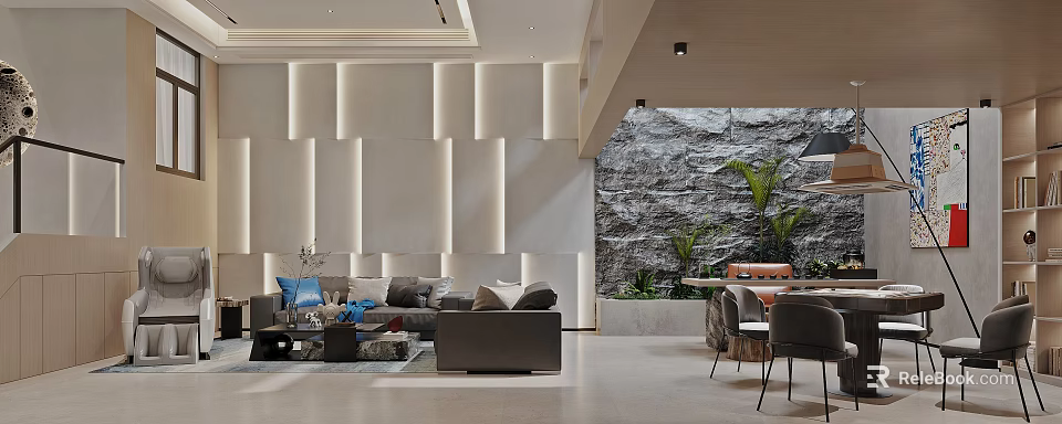 Modern Basement Living Space With Stone Wall And Sofas 3d model 