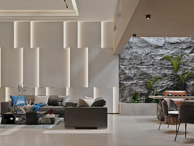 Modern Basement Living Space With Stone Wall And Sofas 3d model