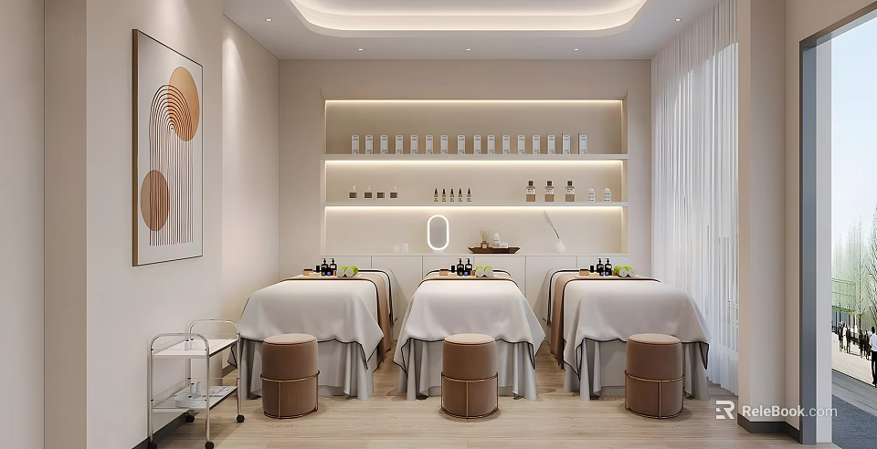 Minimalist Beauty Salon Interior With Multiple Beauty Beds Skincare Products Display And White Decor 3d model 