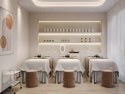Minimalist Beauty Salon Interior With Multiple Beauty Beds Skincare Products Display And White Decor 3d model
