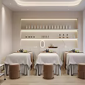 Minimalist Beauty Salon Interior With Multiple Beauty Beds Skincare Products Display And White Decor