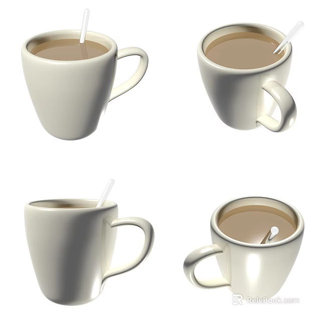 White Ceramic Mugs with Brown Liquid and Straws Set of Four 3d model 