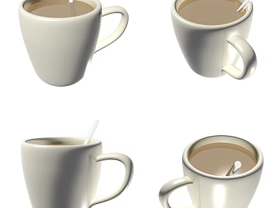 White Ceramic Mugs with Brown Liquid and Straws Set of Four 3d model