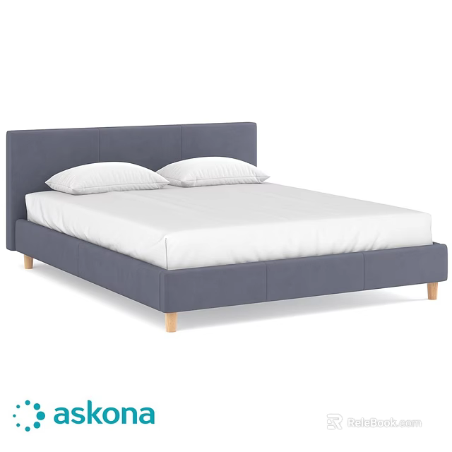 Modern Double Bed with Navy Blue Headboard White Mattress and Wooden Legs 3d model 