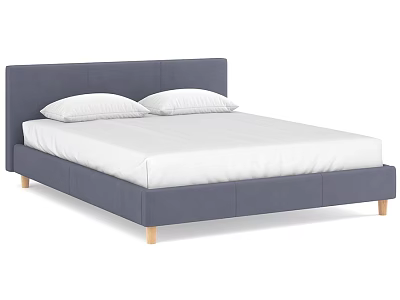 Modern Double Bed with Navy Blue Headboard White Mattress and Wooden Legs 3d model