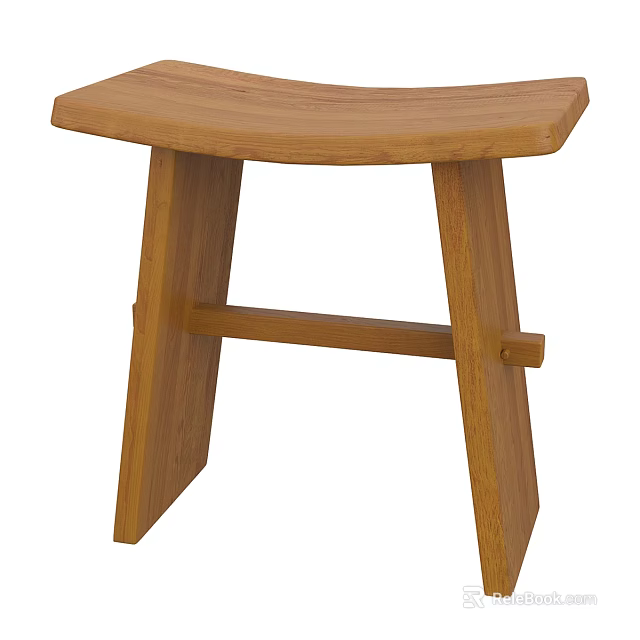 Simple Design Natural Wood Stool With Curved Seat And Crossbar Support 3d model 
