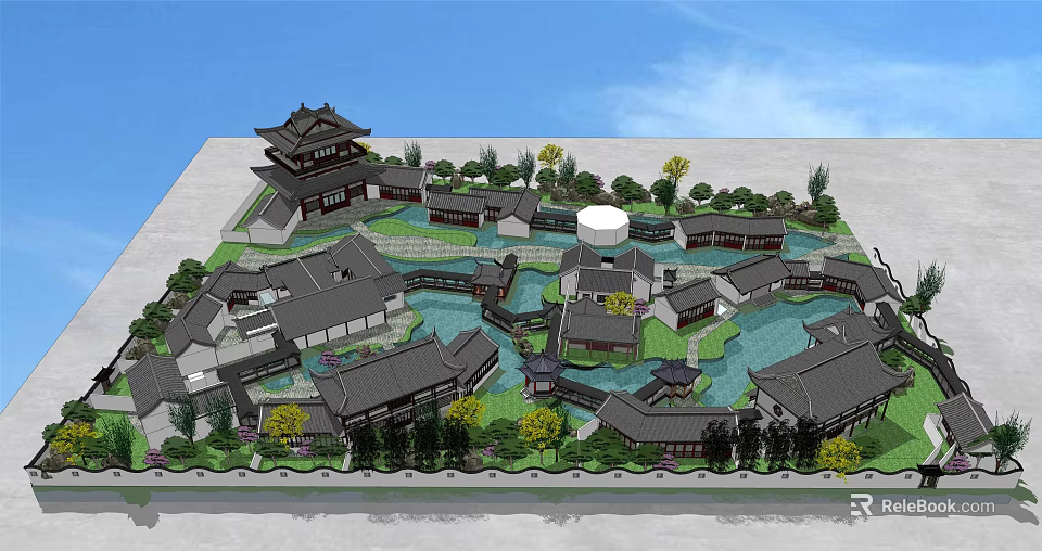 Traditional Chinese Pavilion in Scenic Garden with Pond Water Features and Greenery 3d model 