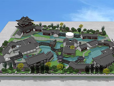 Traditional Chinese Pavilion in Scenic Garden with Pond Water Features and Greenery 3d model