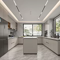 Modern Kitchen Interior With Gray Cabinets Central Island Large Windows And Natural Light 3d model