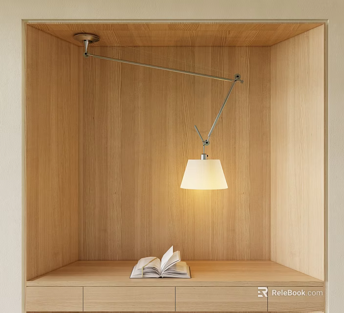 Modern Minimalist Pendant Light With Adjustable Metal Arm Over Wooden Shelf And Open Book 3d model 