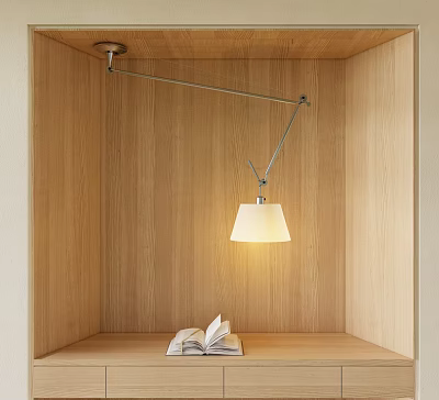 Modern Minimalist Pendant Light With Adjustable Metal Arm Over Wooden Shelf And Open Book 3d model