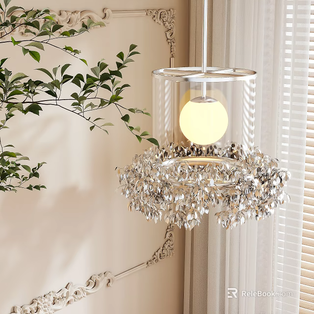 Crystal Chandelier With Transparent Shade And Warm Yellow Bulb Near Green Plants Light Colored Wall 3d model 