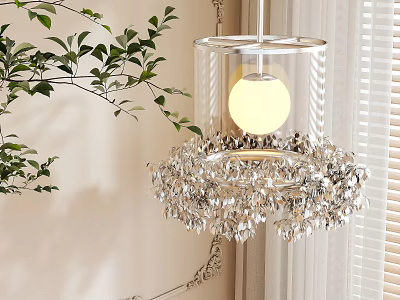 Crystal Chandelier With Transparent Shade And Warm Yellow Bulb Near Green Plants Light Colored Wall 3d model