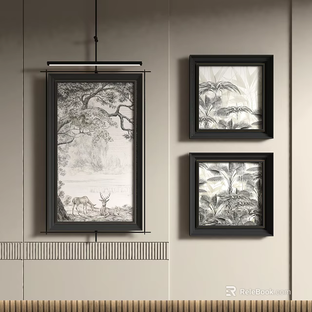 Abstract Paintings In Black Frames Hanging On Wall With Black And White Natural Scenes 3d model 