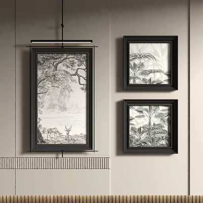 Abstract Paintings In Black Frames Hanging On Wall With Black And White Natural Scenes 3d model