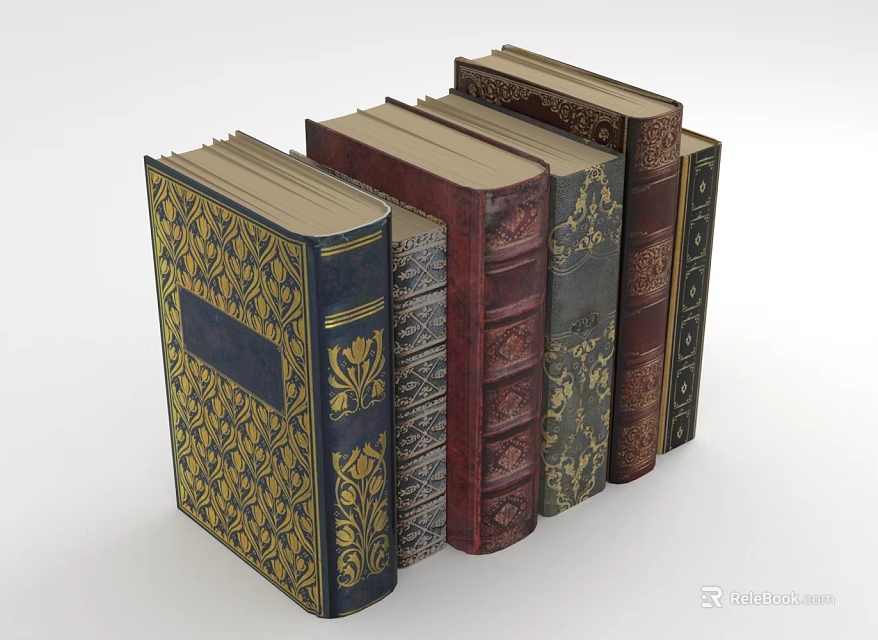 Vintage Hardcover Books With Decorative Covers Various Colors And Elegant Patterns 3d model 
