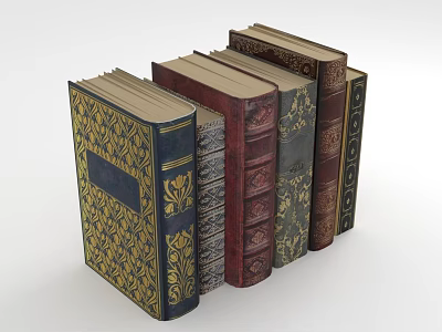 Vintage Hardcover Books With Decorative Covers Various Colors And Elegant Patterns 3d model