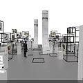 Modern Exhibition Interior With Multiple Display Stands And Labeled Exhibits 3d model