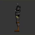 3D Character Design With Gray Outfit Helmet Mask Backpack And Brown Boots