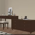 Vintage Walnut Wood Dressing Table With Large Capacity Storage Cabinet Makeup Mirror And Comfortable Stool