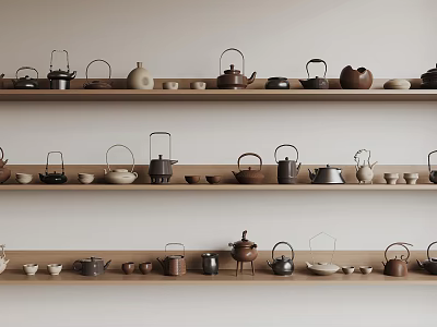 Stylish Tea Sets On Wooden Shelves With Teapots Teacups Brown Black Beige And Light Walls 3d model