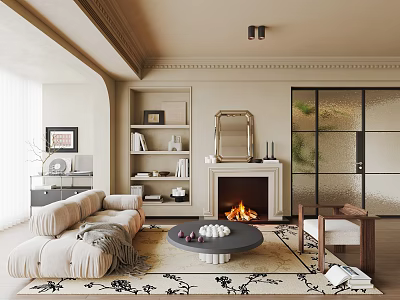 Modern Cozy Cream Tone Living Room With Warm Fireplace Plush Sofa And Elegant Home Decor 3d model