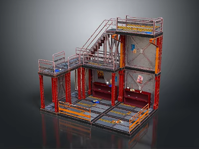 Industrial Metal Structure With Red Columns Staircase Platform Railings And Warning Stripes 3d model