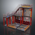Industrial Metal Structure With Red Columns Staircase Platform Railings And Warning Stripes
