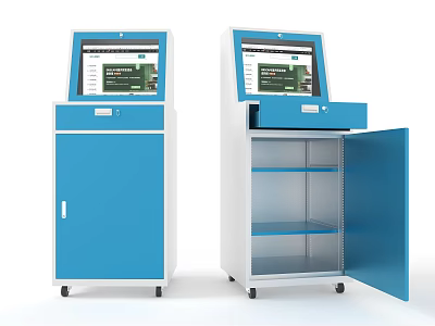 Public Facility Self Service Kiosk with Blue White Design Display Screen Storage Cabinet and Wheels 3d model