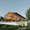 Modern Geometric Wooden Pavilion With Angular Roof Structure Surrounded By Trees And Green Grass