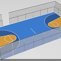 Modern Indoor Basketball Court with Transparent Barriers and Blue Yellow Flooring Layout