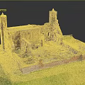 Cartoon Scenic Red Brick Castle Ruins With Towers On Green Grass Aerial View
