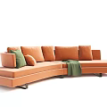 Green and Orange L Shaped Sectional Sofa with Multiple Cushions and Throw Blanket 3d model